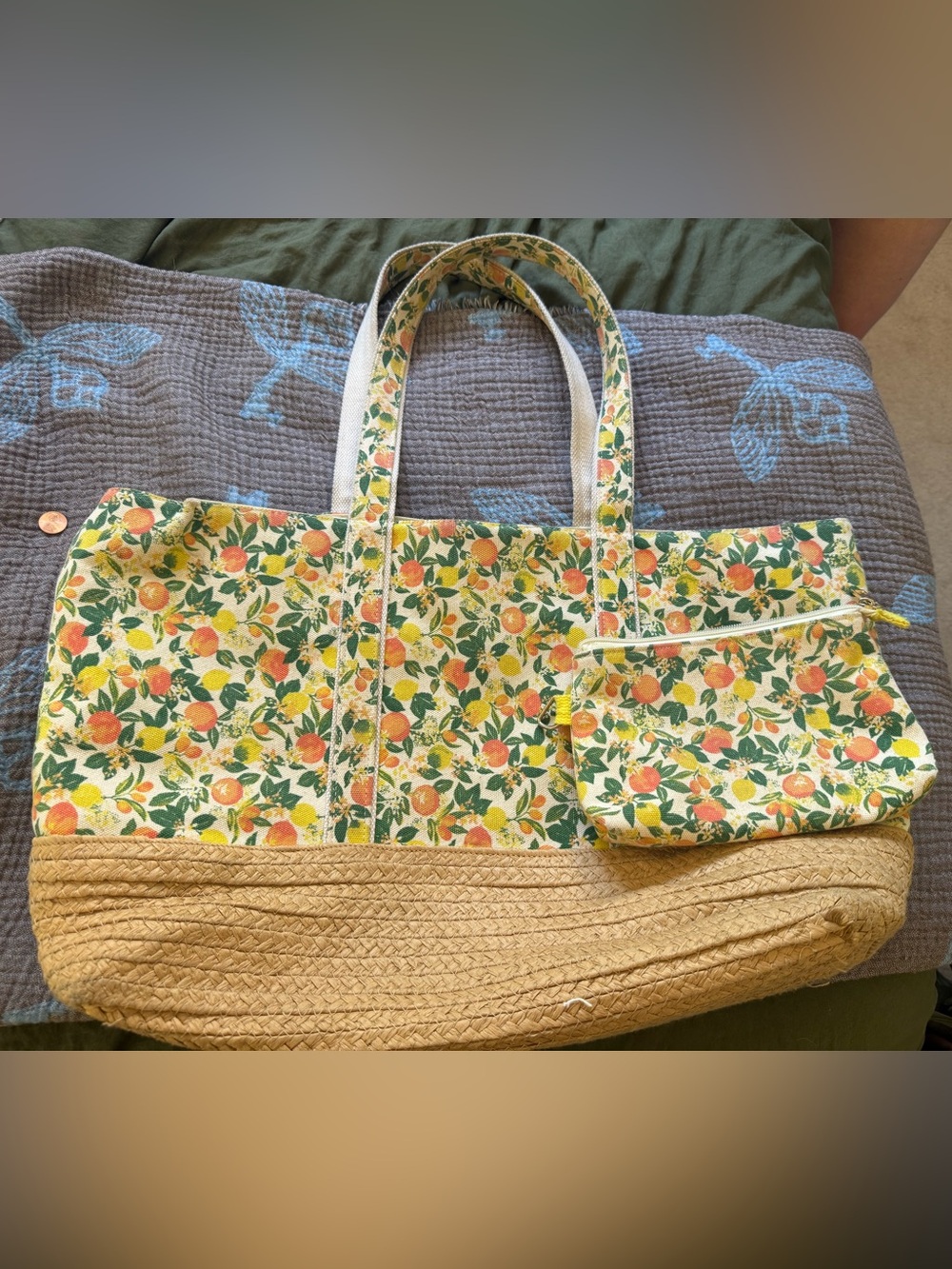 Floral Citrus Canvas Tote Bag with Matching Pouch - Yellow & Green